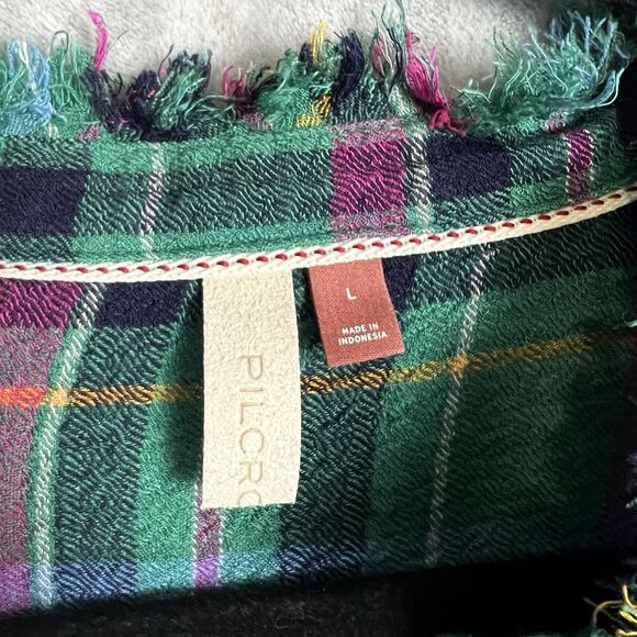 Anthropologie Pilcro Plaid Blouse Cropped Puff-Sleeve Soft Crinkle Green   Large - Picture 6 of 8